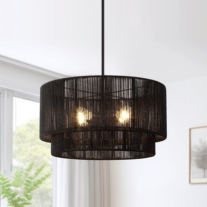 Lustre tambour en rotin noir Cynthia à 4 lumières - 22 po de largeur