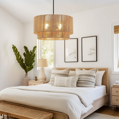 Lustre tambour en rotin naturel Cynthia à 4 lumières - 22 po de largeur