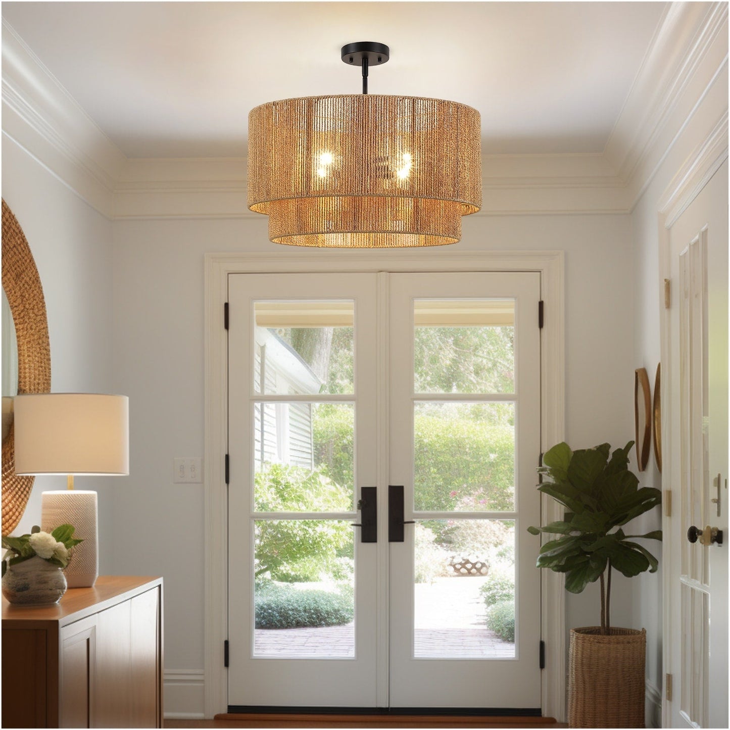 Lustre tambour en rotin naturel Cynthia à 4 lumières - 22 po de largeur