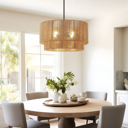 Lustre tambour en rotin naturel Cynthia à 4 lumières - 22 po de largeur