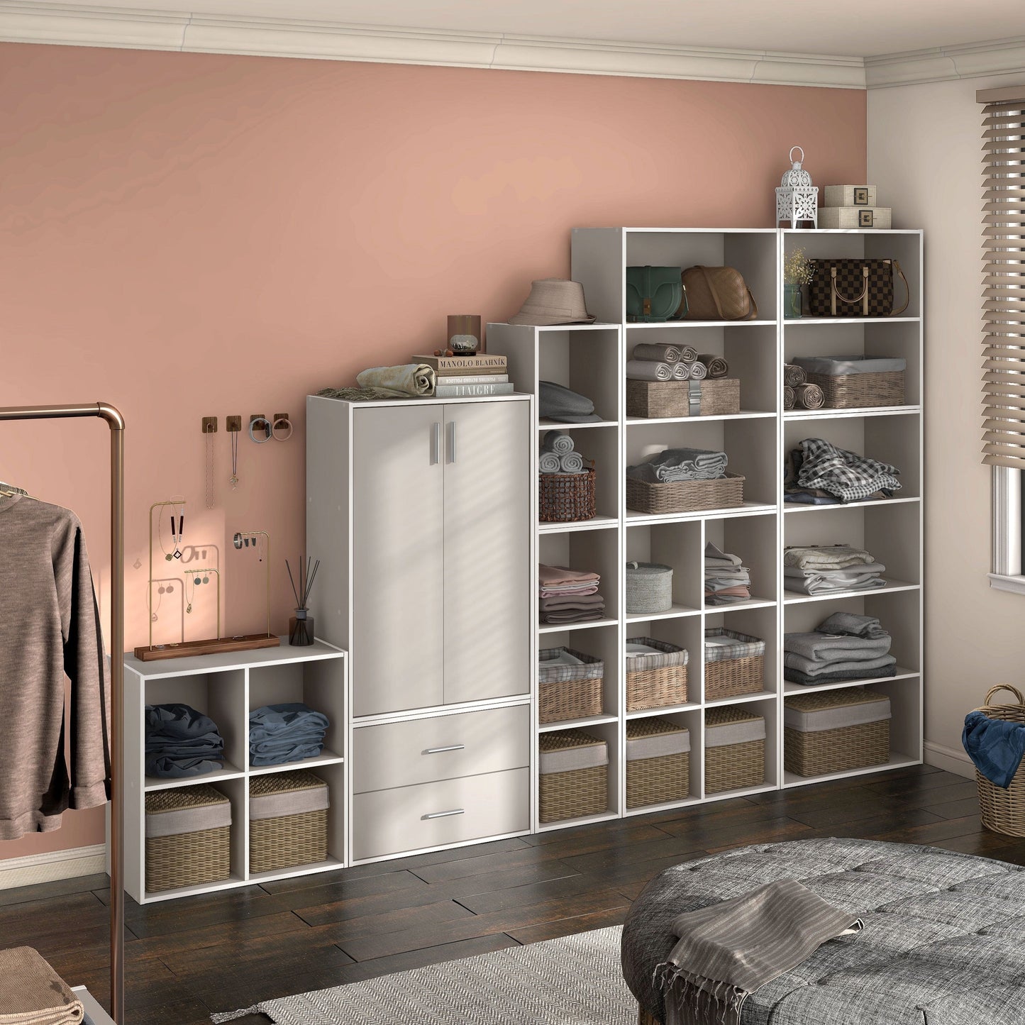 DH BASIC Organiseur de rangement empilable personnalisable en bois moderne - Étagères cubiques, armoire à tiroirs, bibliothèque avec portes par Denhour