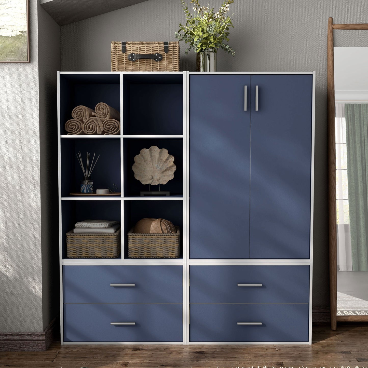 DH BASIC Organiseur de rangement empilable personnalisable en bois moderne - Étagères cubiques, armoire à tiroirs, bibliothèque avec portes par Denhour