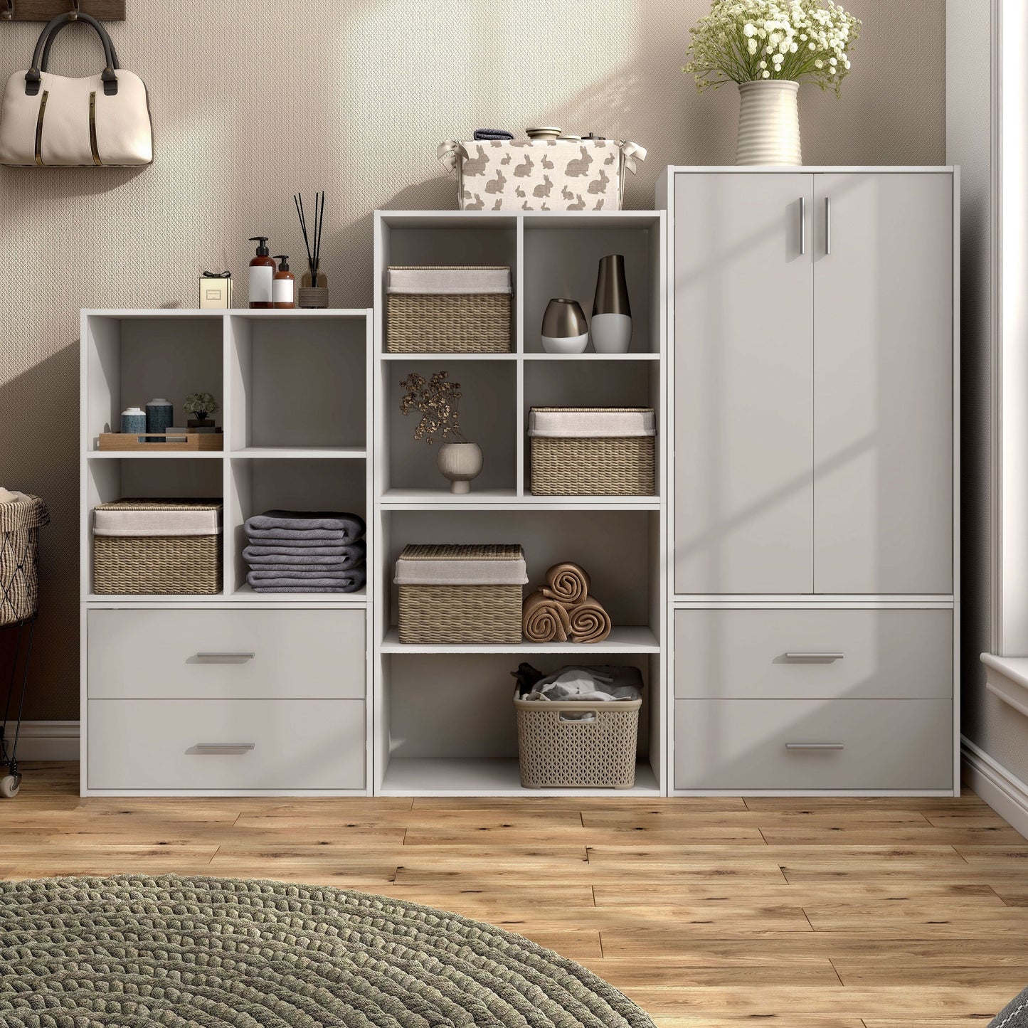DH BASIC Organiseur de rangement empilable personnalisable en bois moderne - Étagères cubiques, armoire à tiroirs, bibliothèque avec portes par Denhour