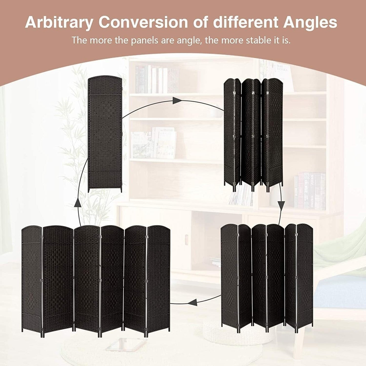 Paravent de séparation de pièce de 1,8 m de haut, écran de confidentialité autoportant en fibre tissée, écran pliant