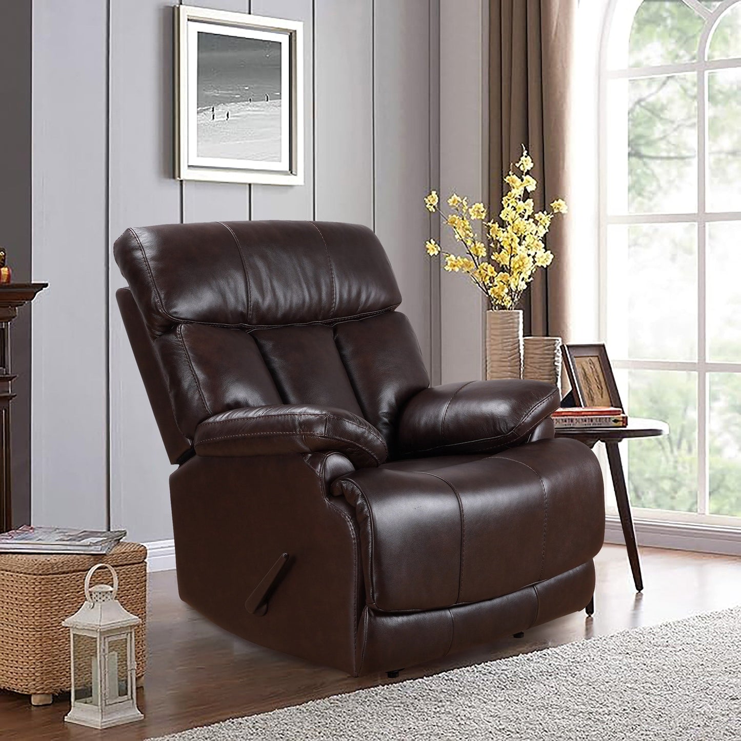 Fauteuil inclinable manuel extensible en cuir véritable marron avec repose-pieds Davin Top Grain Leather