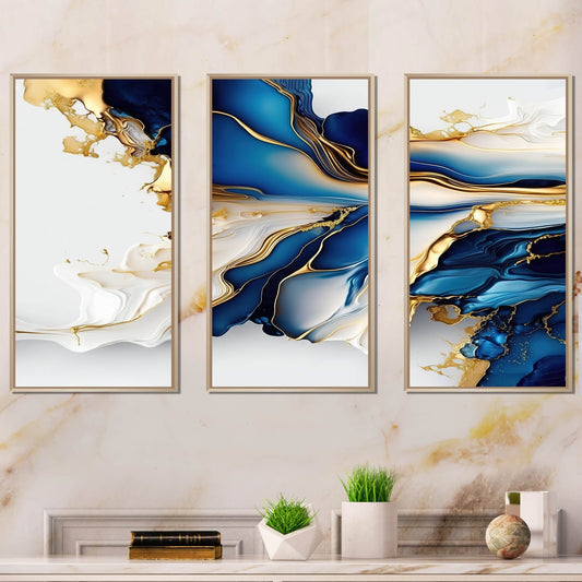 Impression sur toile encadrée Designart Abstract Geode Gold and Blue Marble Shape III, motif géométrique moderne - 3 panneaux