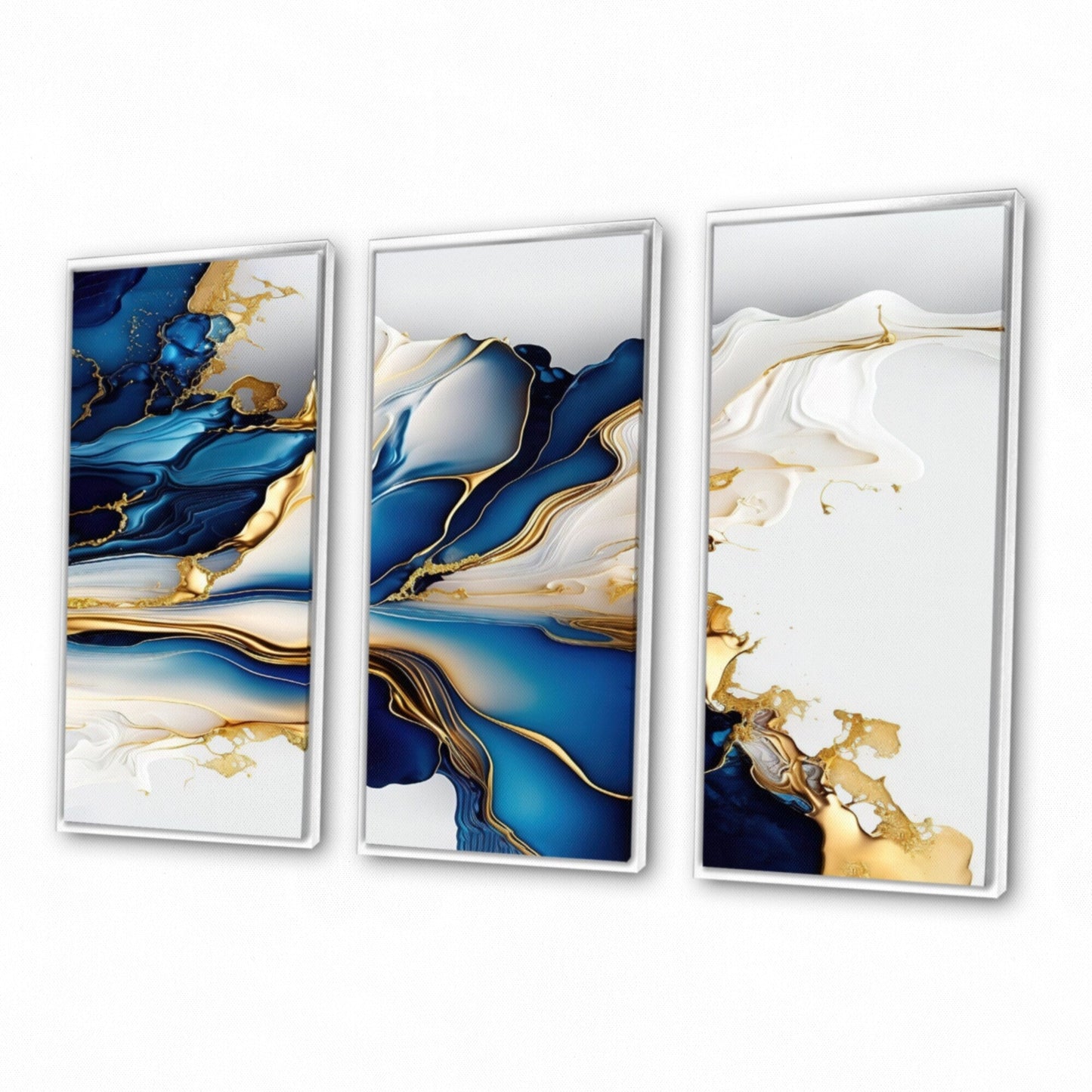Impression sur toile encadrée Designart Abstract Geode Gold and Blue Marble Shape III, motif géométrique moderne - 3 panneaux