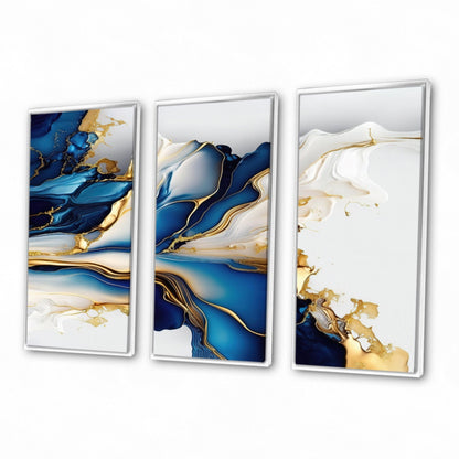 Impression sur toile encadrée Designart Abstract Geode Gold and Blue Marble Shape III, motif géométrique moderne - 3 panneaux