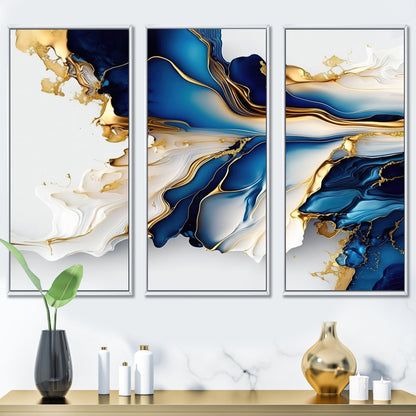Impression sur toile encadrée Designart Abstract Geode Gold and Blue Marble Shape III, motif géométrique moderne - 3 panneaux