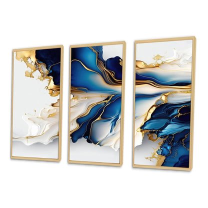 Impression sur toile encadrée Designart Abstract Geode Gold and Blue Marble Shape III, motif géométrique moderne - 3 panneaux