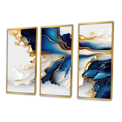 Impression sur toile encadrée Designart Abstract Geode Gold and Blue Marble Shape III, motif géométrique moderne - 3 panneaux