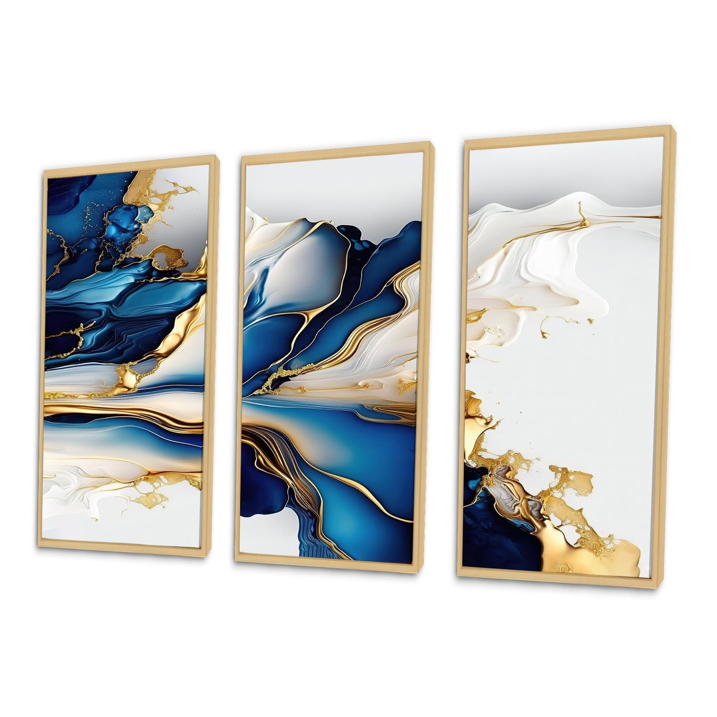 Impression sur toile encadrée Designart Abstract Geode Gold and Blue Marble Shape III, motif géométrique moderne - 3 panneaux
