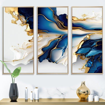 Impression sur toile encadrée Designart Abstract Geode Gold and Blue Marble Shape III, motif géométrique moderne - 3 panneaux