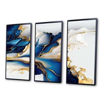 Impression sur toile encadrée Designart Abstract Geode Gold and Blue Marble Shape III, motif géométrique moderne - 3 panneaux