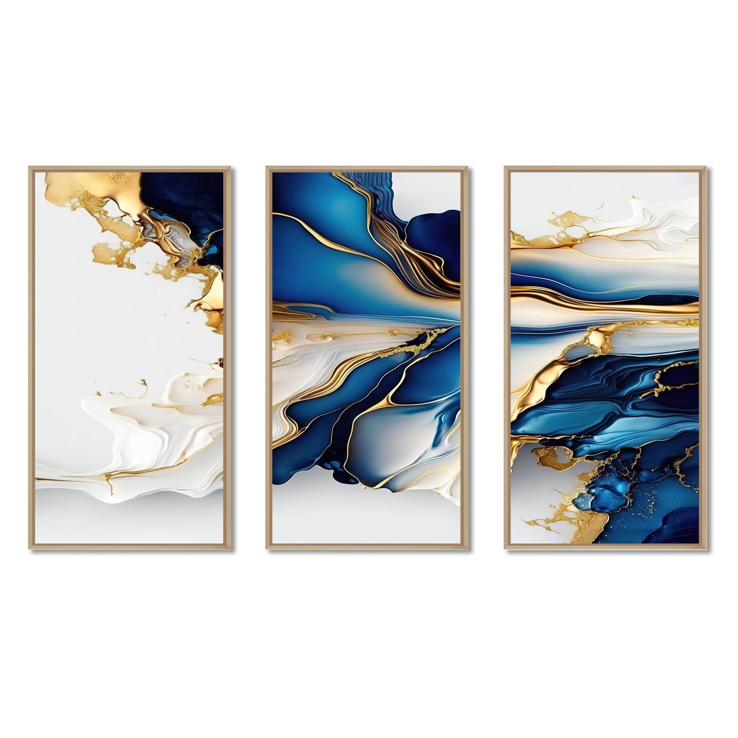 Impression sur toile encadrée Designart Abstract Geode Gold and Blue Marble Shape III, motif géométrique moderne - 3 panneaux