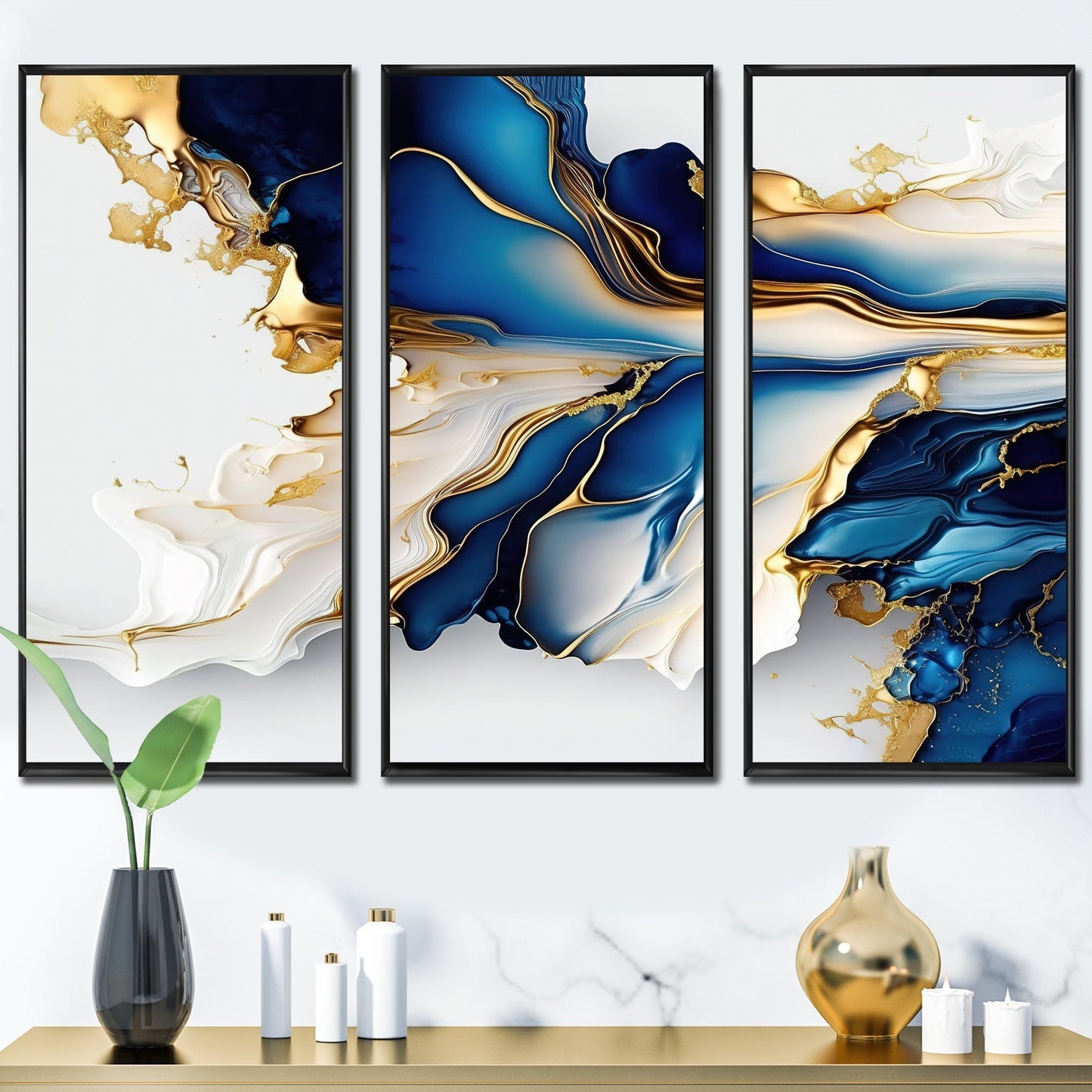 Impression sur toile encadrée Designart Abstract Geode Gold and Blue Marble Shape III, motif géométrique moderne - 3 panneaux