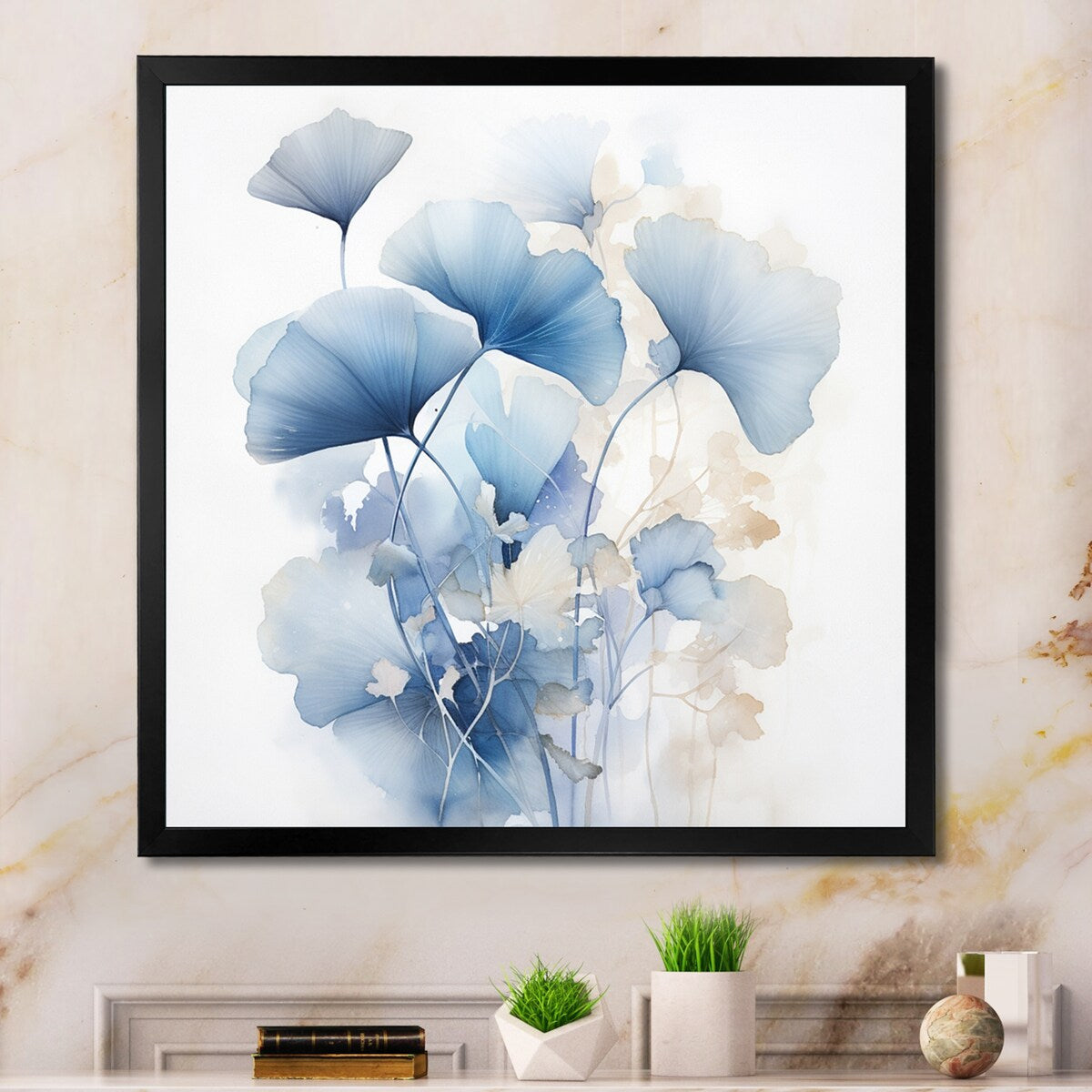 Designart - Délicates feuilles de ginko bleu sur fond blanc - Aquarelle - Décoration murale encadrée pour salon
