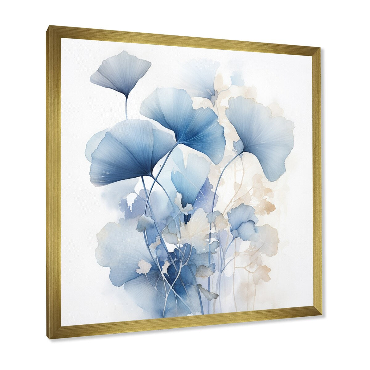 Designart - Délicates feuilles de ginko bleu sur fond blanc - Aquarelle - Décoration murale encadrée pour salon