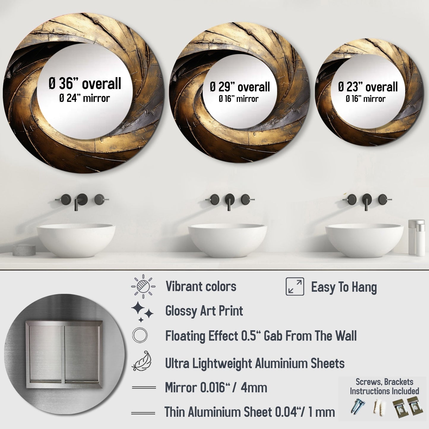 Miroir de salon Designart doré et noir, intemporel et abstrait, spirales - Grand miroir rond moderne doré