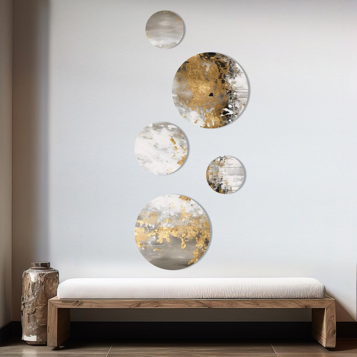 Lot de 5 peintures murales abstraites en métal doré et blanc Designart