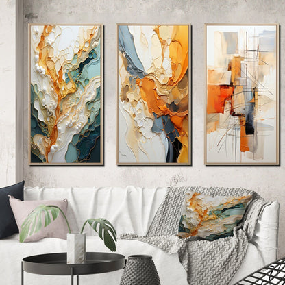 Lot de 3 tableaux abstraits encadrés, style abstrait organique, orange et blanc, pour décoration de salon