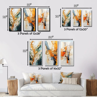 Lot de 3 tableaux abstraits encadrés, style abstrait organique, orange et blanc, pour décoration de salon