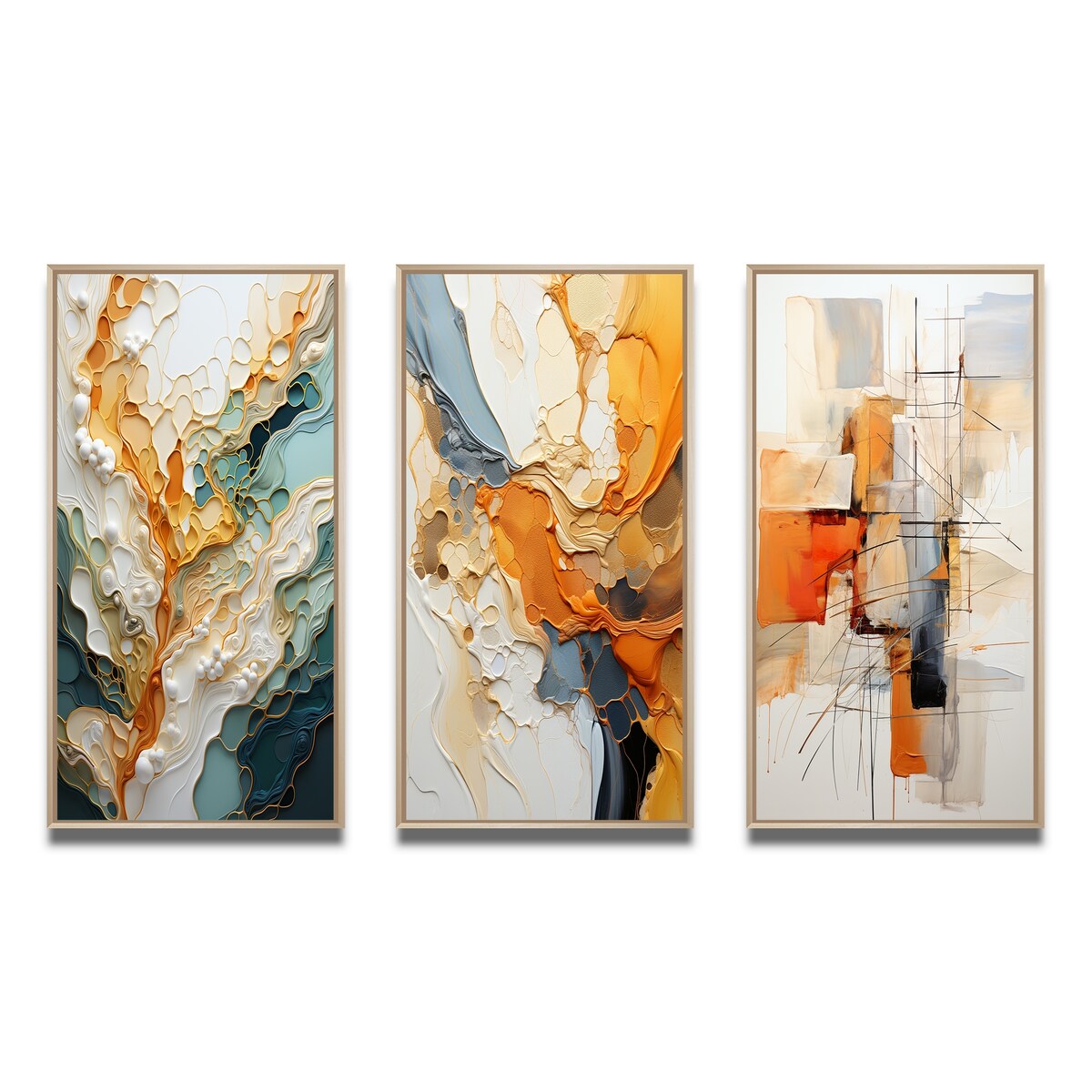 Lot de 3 tableaux abstraits encadrés, style abstrait organique, orange et blanc, pour décoration de salon