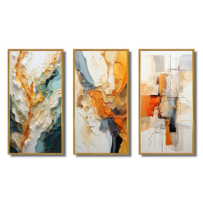 Lot de 3 tableaux abstraits encadrés, style abstrait organique, orange et blanc, pour décoration de salon