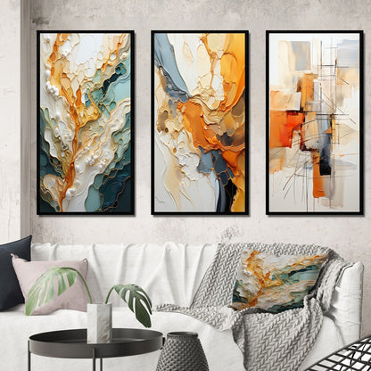 Lot de 3 tableaux abstraits encadrés, style abstrait organique, orange et blanc, pour décoration de salon