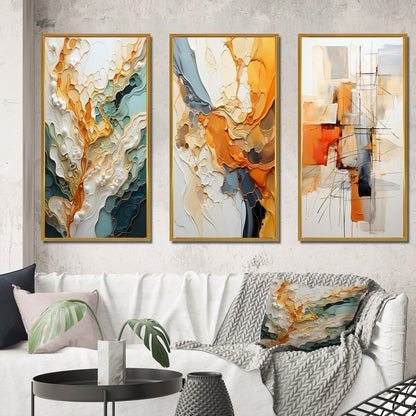 Lot de 3 tableaux abstraits encadrés, style abstrait organique, orange et blanc, pour décoration de salon