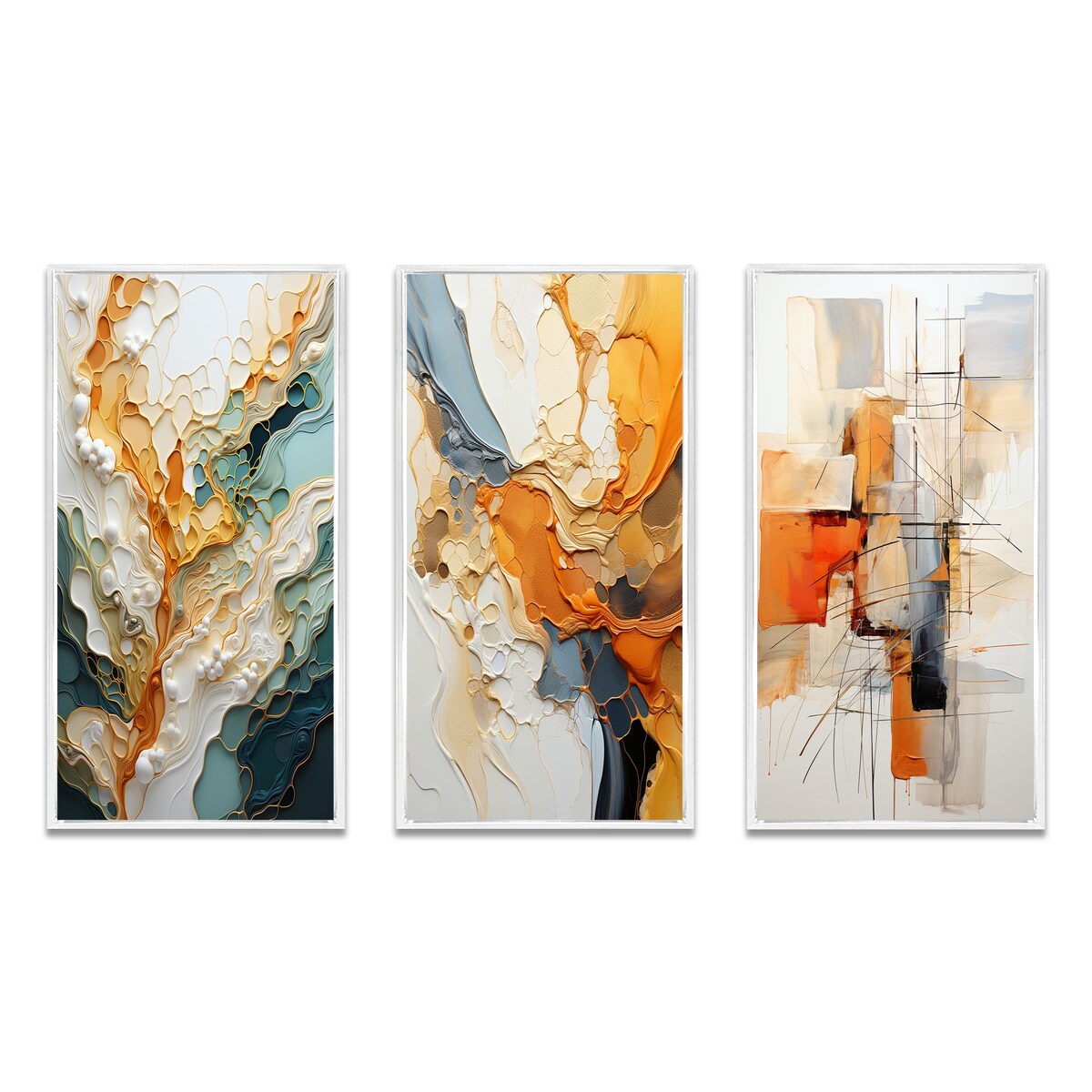Lot de 3 tableaux abstraits encadrés, style abstrait organique, orange et blanc, pour décoration de salon