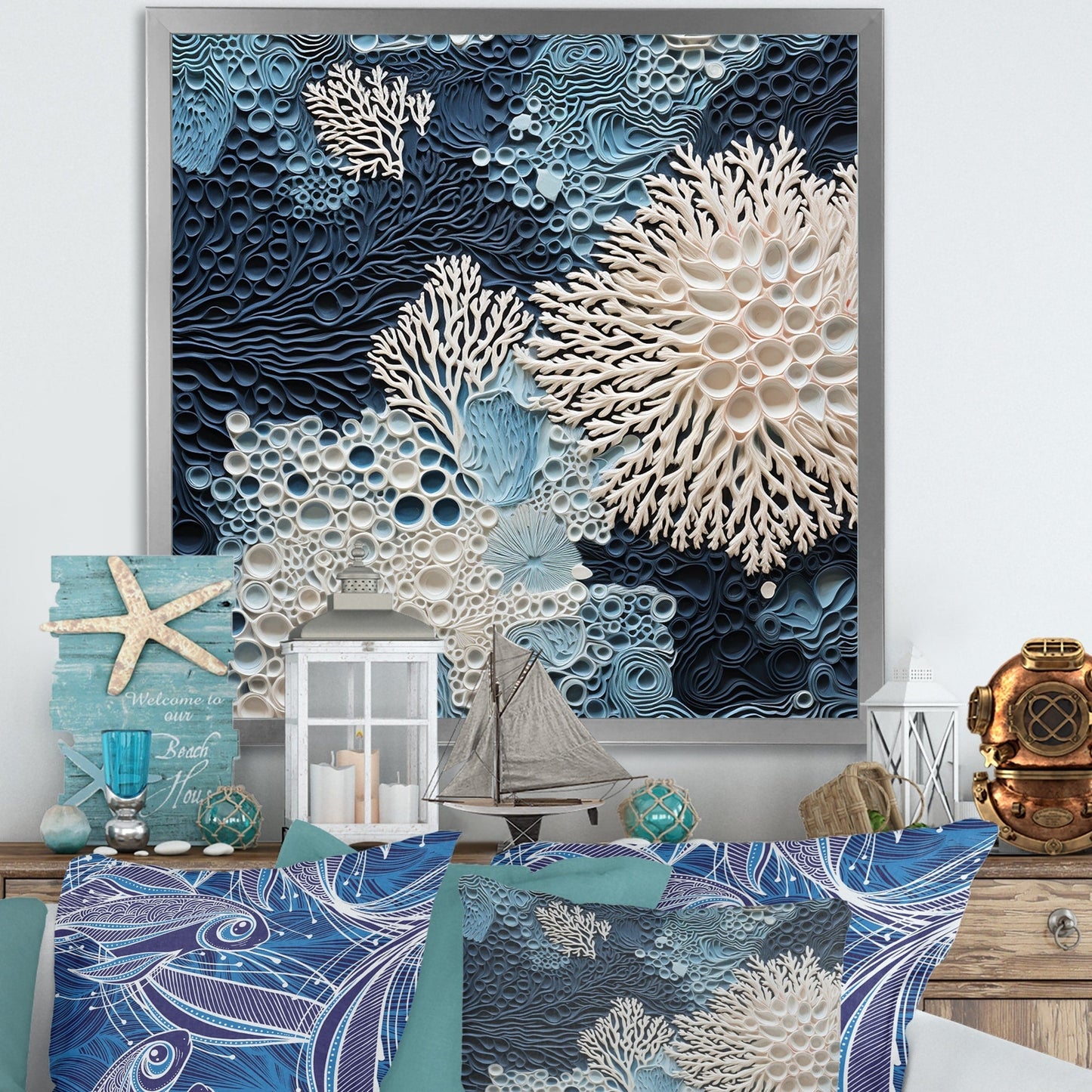 Designart - Collage de coraux bleus et blancs sous l'eau - Toile encadrée - Décoration murale côtière