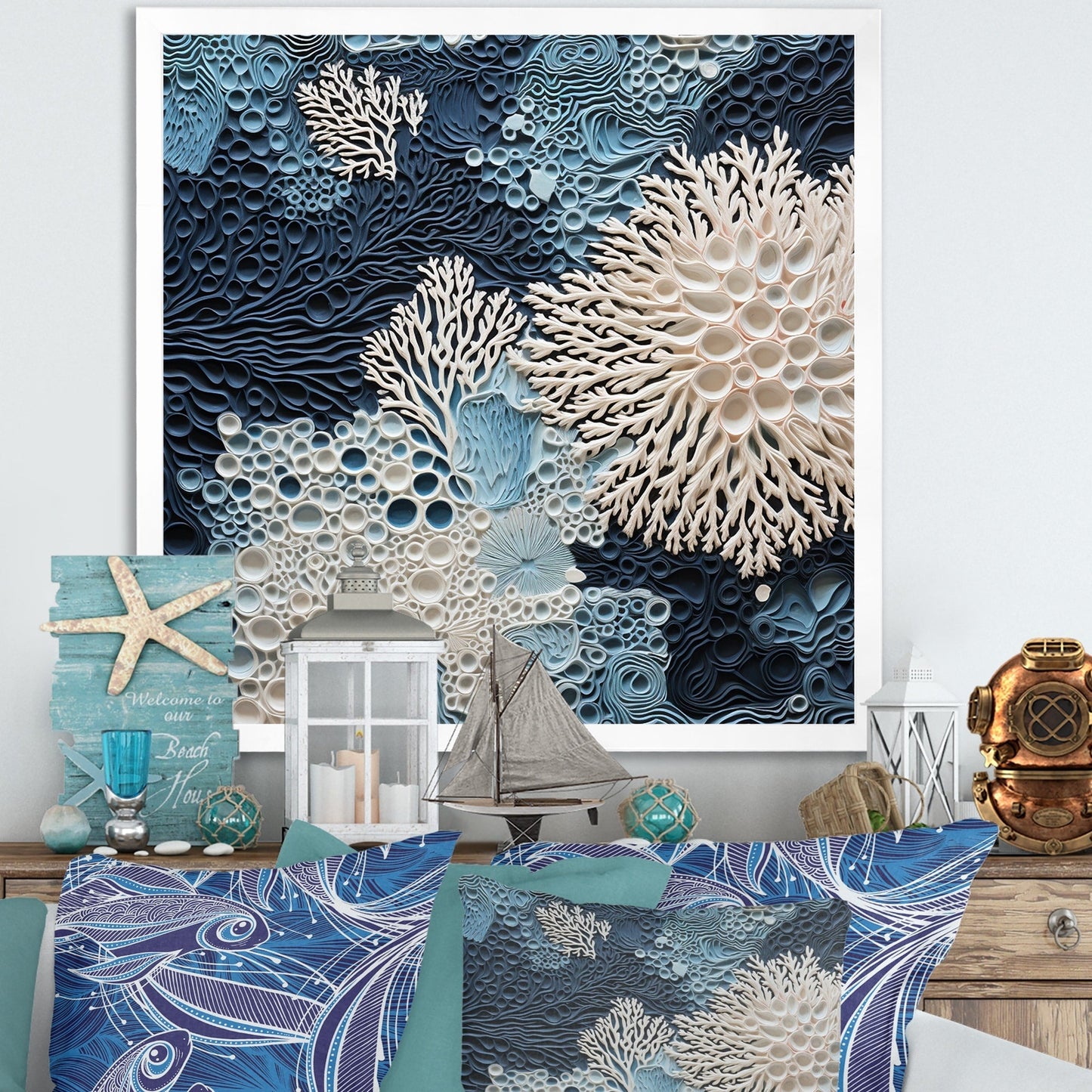 Designart - Collage de coraux bleus et blancs sous l'eau - Toile encadrée - Décoration murale côtière