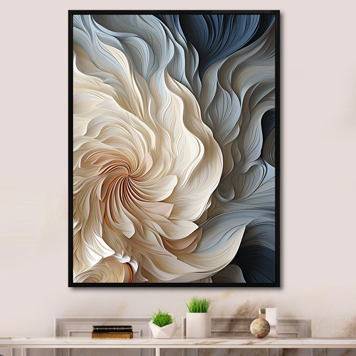 Décoration murale abstraite géométrique bleue en spirale de plumes blanches et bleues Designart II - Décoration murale encadrée moderne pour entrée