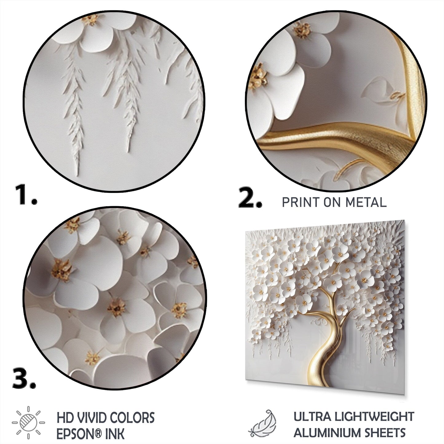 Impression murale ronde en métal Motif orchidée blanche, jardin de branches, arbre floral VIII