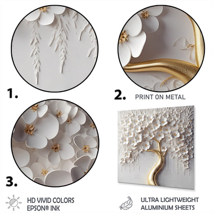Impression murale ronde en métal Motif orchidée blanche, jardin de branches, arbre floral VIII
