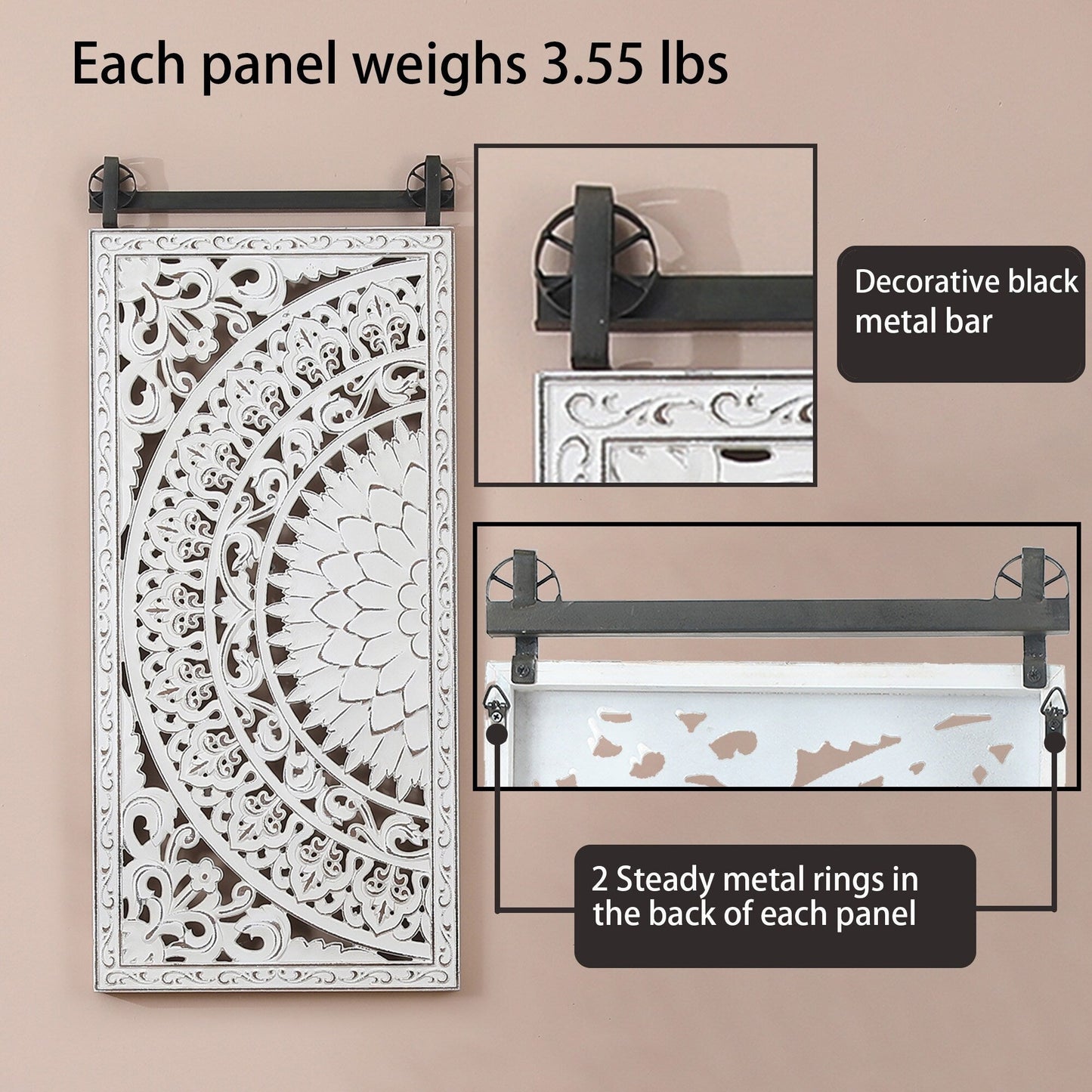 Décoration murale en bois blanc ivoire vieilli avec des touches de noir (lot de 2)