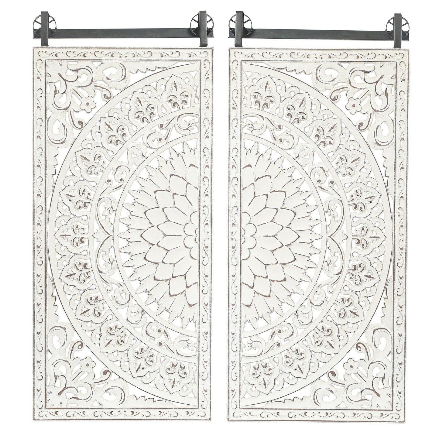 Décoration murale en bois blanc ivoire vieilli avec des touches de noir (lot de 2)
