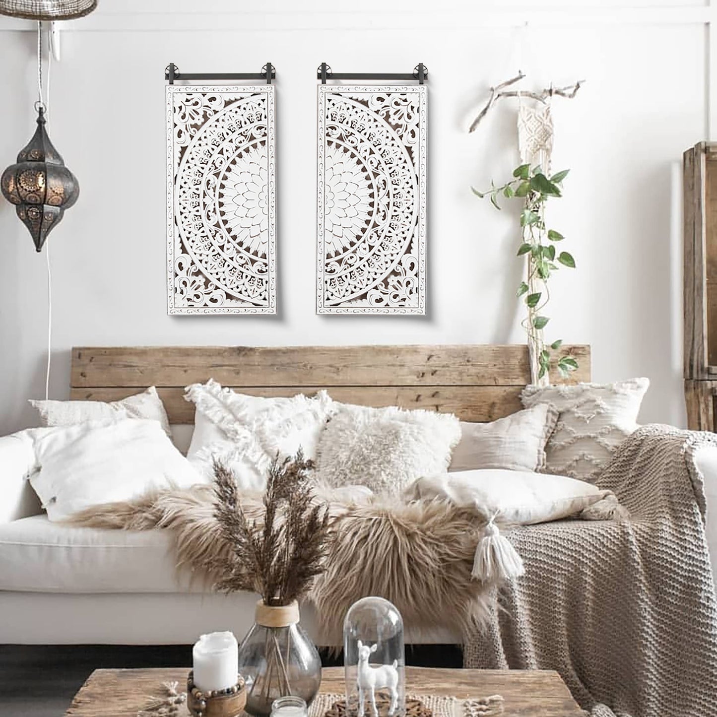 Décoration murale en bois blanc ivoire vieilli avec des touches de noir (lot de 2)