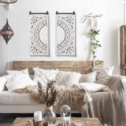 Décoration murale en bois blanc ivoire vieilli avec des touches de noir (lot de 2)