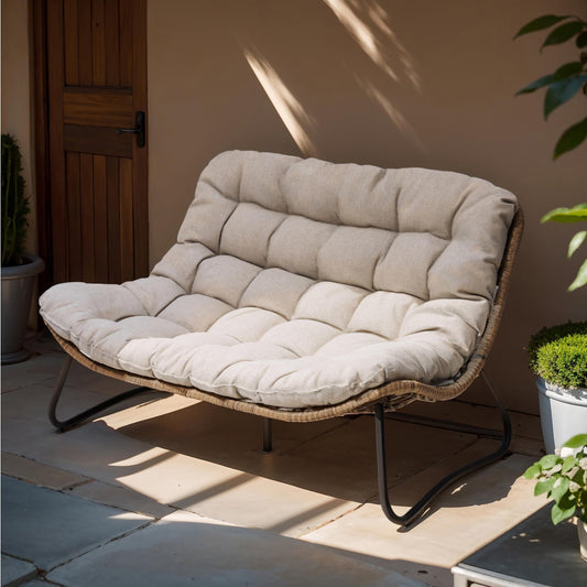 Fauteuil Papasan double avec coussin, rotin synthétique toutes saisons et cadre en métal pour intérieur et extérieur