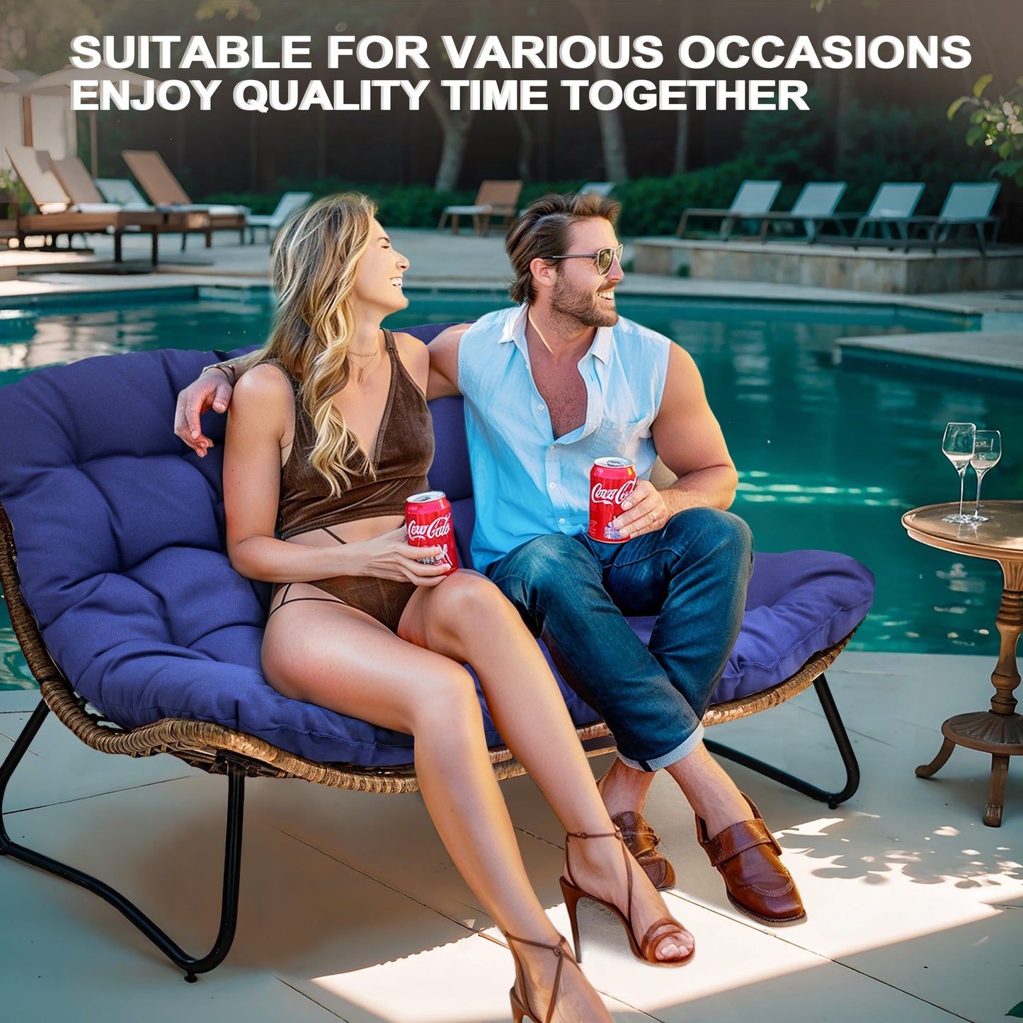 Fauteuil Papasan double avec coussin, rotin synthétique toutes saisons et cadre en métal pour intérieur et extérieur