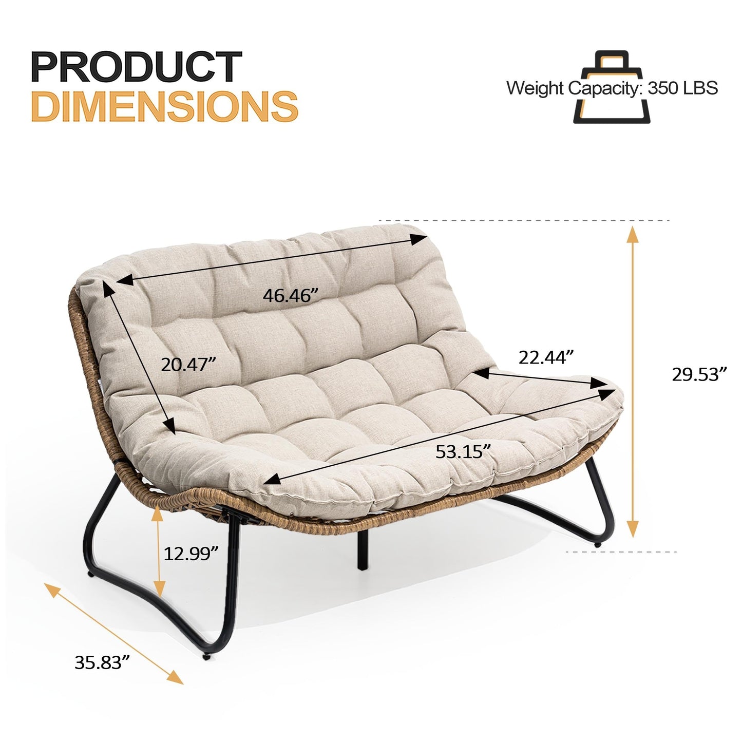 Fauteuil Papasan double avec coussin, rotin synthétique toutes saisons et cadre en métal pour intérieur et extérieur