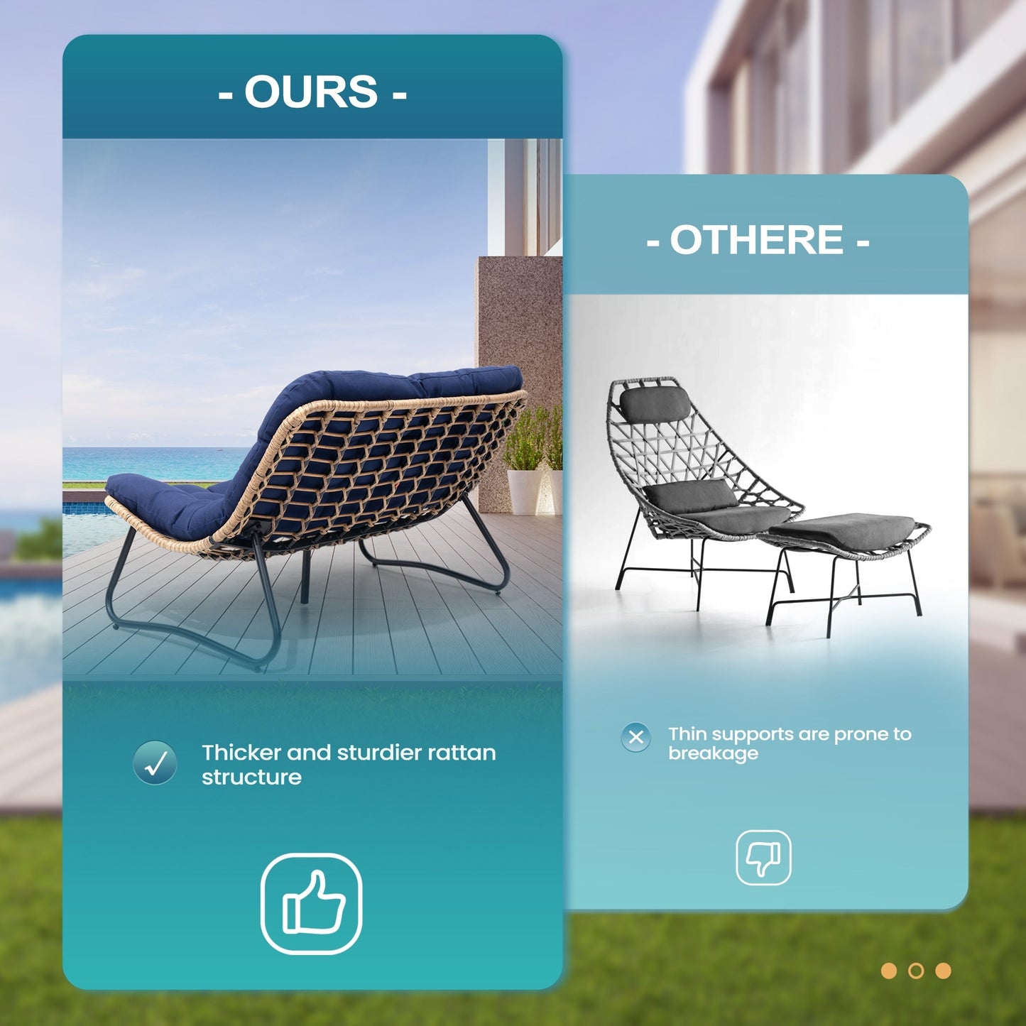 Fauteuil Papasan double avec coussin, rotin synthétique toutes saisons et cadre en métal pour intérieur et extérieur