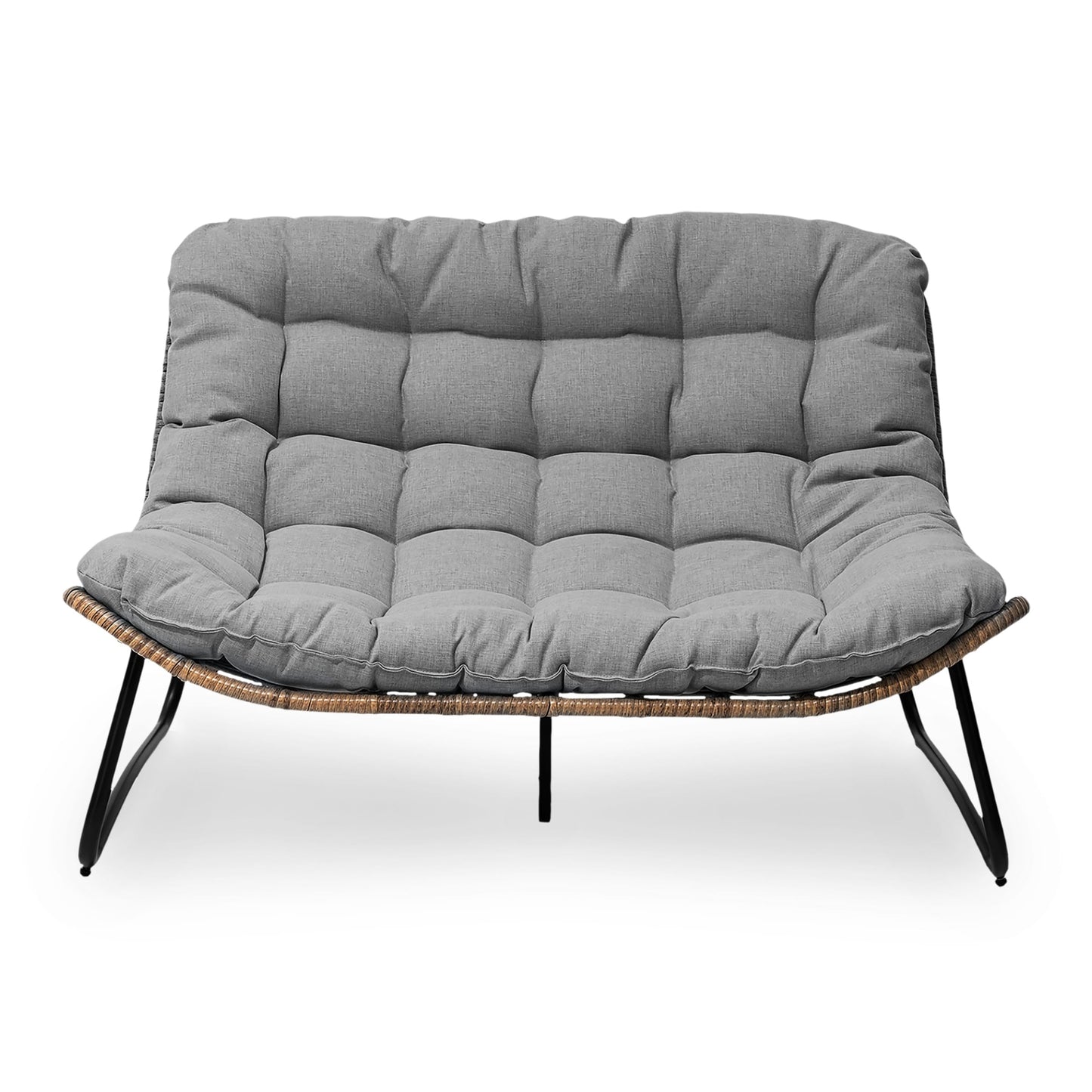 Fauteuil Papasan double avec coussin, rotin synthétique toutes saisons et cadre en métal pour intérieur et extérieur