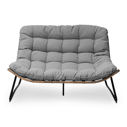 Fauteuil Papasan double avec coussin, rotin synthétique toutes saisons et cadre en métal pour intérieur et extérieur