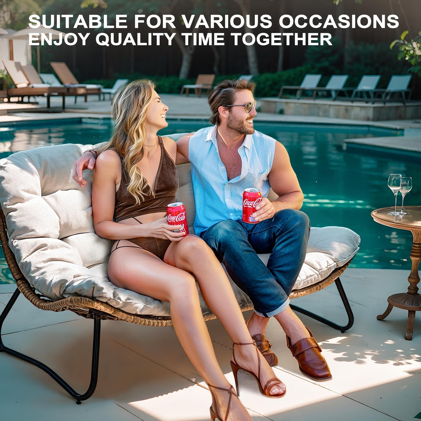 Fauteuil Papasan double avec coussin, rotin synthétique toutes saisons et cadre en métal pour intérieur et extérieur