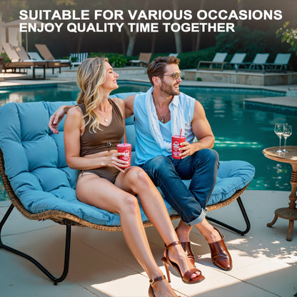 Fauteuil Papasan double avec coussin, rotin synthétique toutes saisons et cadre en métal pour intérieur et extérieur