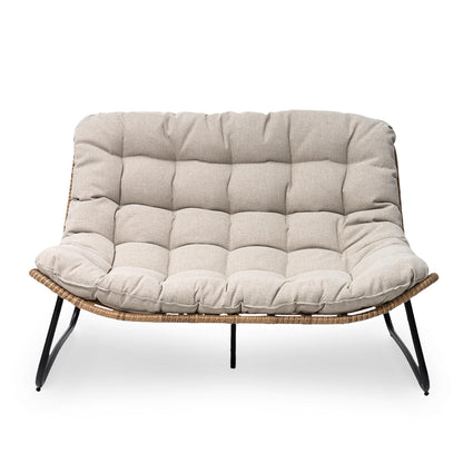 Fauteuil Papasan double avec coussin, rotin synthétique toutes saisons et cadre en métal pour intérieur et extérieur
