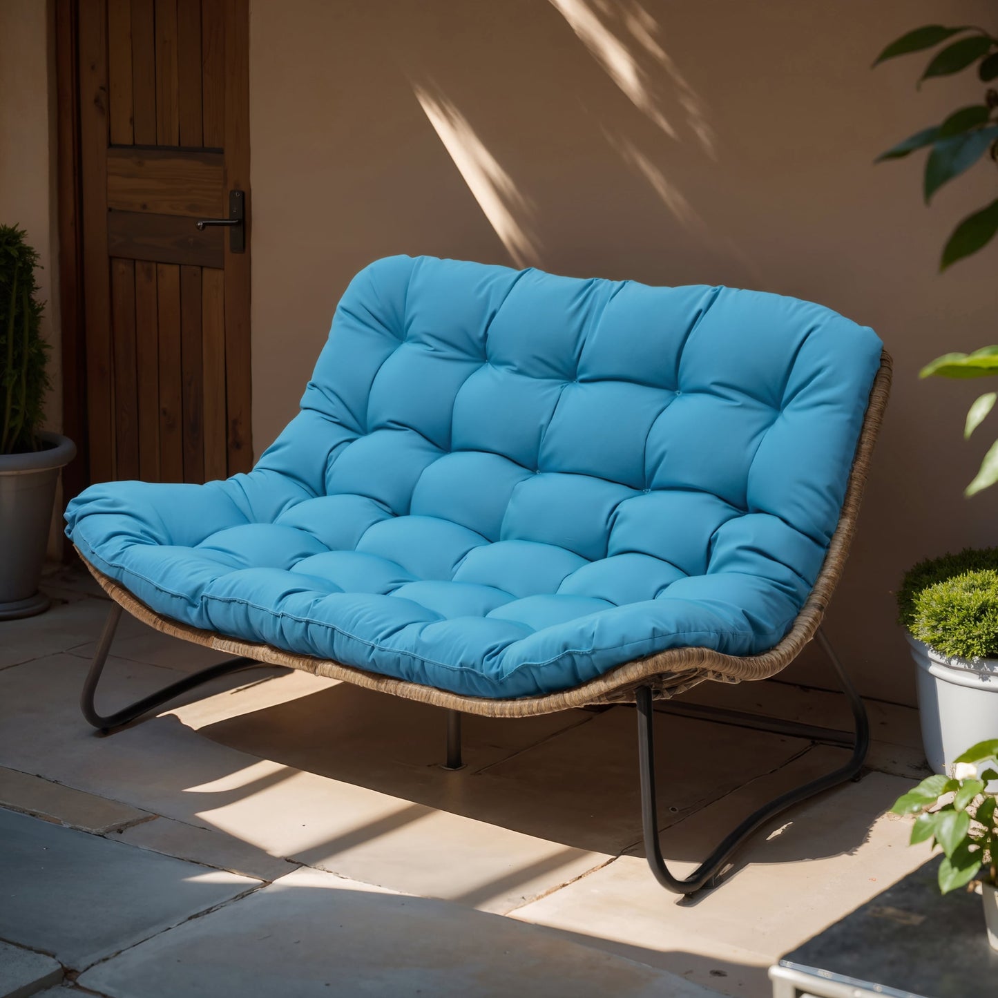 Fauteuil Papasan double avec coussin, rotin synthétique toutes saisons et cadre en métal pour intérieur et extérieur